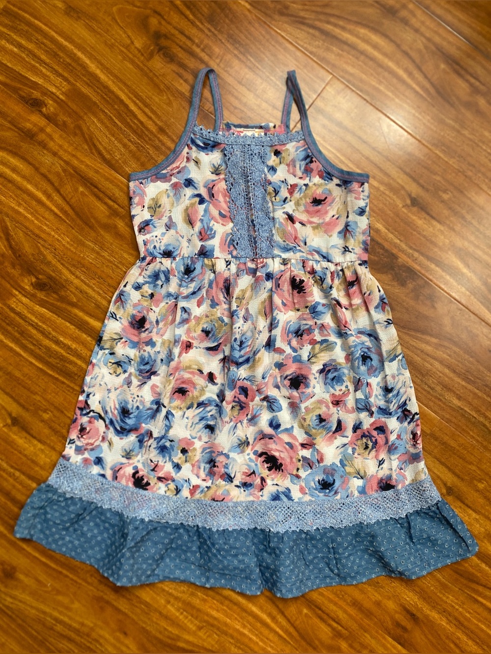 Pink Vanilla Girls Blue Pink Floral Midi Dress Size 6 Cottagecore Coastal Girly